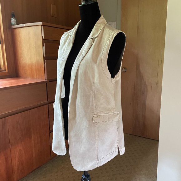 MARRAKECH Anthropologie Beige Linen Cotton Blend Open Vest Pocket M - Picture 8 of 9